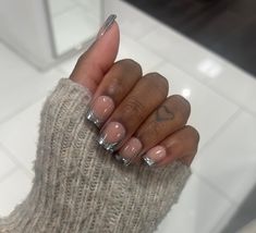 Silver Chrome French Tip, Tip Chrome Nails, French Tip Chrome Nails, French Tip Chrome, Silver Tip Nails, Chrome French Tip Nails, Press On Nails French Tip, Chrome French Tip, Chrome French