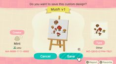 an animal crossing game screen showing the artist's easel with mushrooms on it