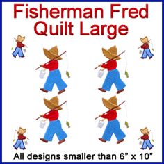 there is a sign with the words fisherman fed quilt large on it and four images of men in cowboy hats