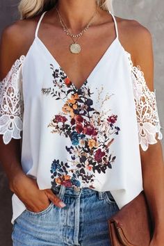 Summer Blouses For Women, Top In Pizzo, Lace Sleeve Top, Cold Shoulder Lace, Bohemian Summer, Bleu Violet, Lace Print