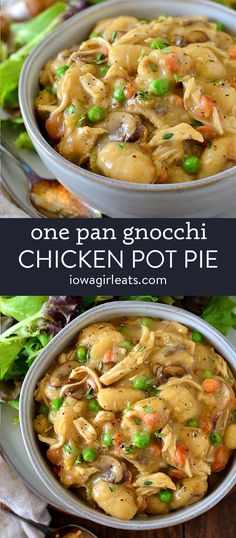 one pan gnocchini chicken pot pie with peas and carrots in it