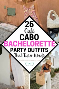 the back of a woman wearing white pants and a pink top with text overlay that reads 25 cute cabo bachelor party outfits that turn heads