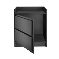 a black cabinet with two drawers on one side and an open drawer on the other