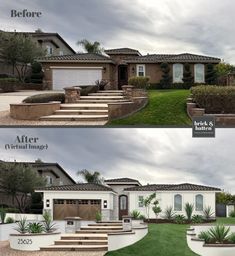 before and after photos of a house in the front yard with steps leading up to it