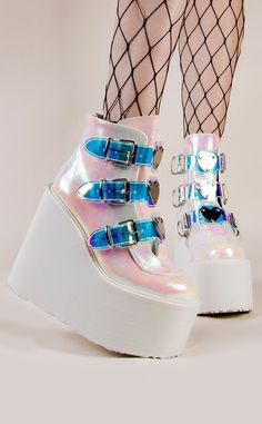 SWING-105 Pearl Iridescent Boots-Demonia-Tragic Beautiful Cute Demonia Shoes, Colorful Platform Boots, Cool Platform Shoes, Pastel Platform Boots, Demonia Boots, Hak Tinggi, Goth Shoes, Demonia Shoes, Cute Shoes Heels