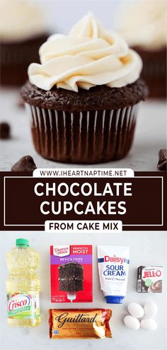 chocolate cupcakes with white frosting and ingredients to make them look like they have been