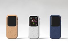 three different colors of the apple watch are shown in this image, and there is also an ipod