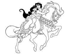 the princess riding on top of a horse with her hair blowing in the wind coloring page