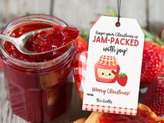 jam - packed with joy merry christmas card next to strawberry jelly and muffins