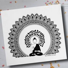 a black and white drawing of a buddha sitting in the middle of a flowered circle