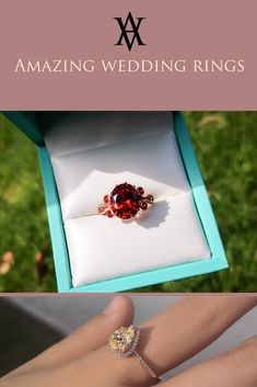 a woman's hand holding an engagement ring in a box with the words amazing wedding rings