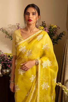 Lemon yellow saree crafted in pure silk organza with phool embroidery. Paired with an unstitched blouse piece and an unstitched petticoat. - Aza Fashions Yellow Anarkali Style Pre-draped Organza Saree, Yellow Organza Pre-draped Saree For Eid, Yellow Resham Embroidered Pre-draped Saree For Festivals, Yellow Pre-draped Saree With Resham Embroidery For Festive, Yellow Pre-draped Saree With Resham Embroidery For Festive Occasions, Yellow Pre-draped Saree With Sheer Dupatta, Yellow Embroidered Organza Set, Festive Yellow Pre-draped Saree With Resham Embroidery, Yellow Chanderi Saree With Resham Embroidery