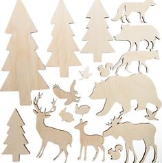 wooden cutouts of various animals and trees