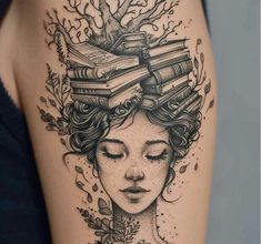 a woman with books on her head is shown in this tattoo art work by artist markiek