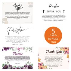 four thank cards with flowers and the words pastor