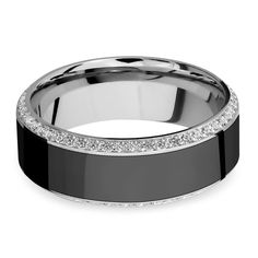 men's wedding band with black ceramic and white diamonds inlayed into the center