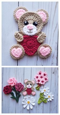 crocheted teddy bear with flowers and hearts on it's chest, sitting next to another stuffed animal