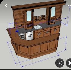 an image of a wooden kitchen with measurements