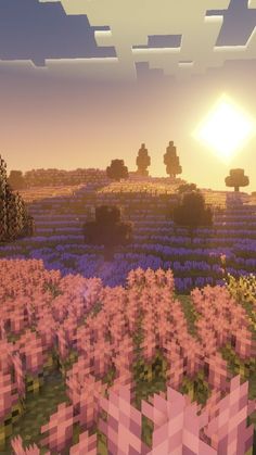 the sun is setting over a large field full of purple flowers and trees in minecraft