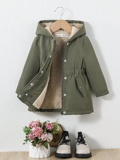 Babygirl Casual All-Match Hooded Thicker Mid-Length Jacket With Fake Pockets For Autumn/Winter Army Green   Long Sleeve Woven Fabric Plain Other Non-Stretch  Baby Girls Clothing, size features are:Bust: ,Length: ,Sleeve Length: Girls Coats, Baby Outerwear, Girls Outerwear, Girl Coat, Hooded Coat, Casual Girl, Girls Clothing