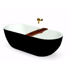 a black and white bathtub with a wooden faucet on the side, in front of a white background