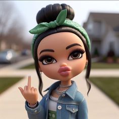 an animated doll making the peace sign with her hand while wearing a denim jacket and green headband