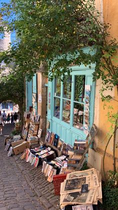 books are lined up on the sidewalk in front of a building with blue doors and windows