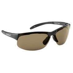 a pair of black sunglasses with brown lenses on the top and bottom half of it