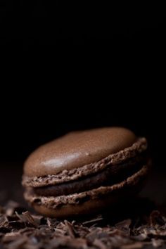 a chocolate macaroon sitting on top of some wood shavings in front of a black background