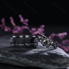 The black quartz couple ring is made of high-quality materials selected by TimelesssparkleArt jewelry experts. It is a beautiful statement ring between couples, a unique ring, customized for unique couples. Metal Type: 925 sterling silver, Tungsten ✦ Her Ring 925 solid sterling silver with black rhodium finish (message me if you need other band color or metal) Center stone: Black Rutilated Quartz Stone size: 6x8mm Pear Cut Side stone: Moissanite (message me if you need other stones) ✦His Ring Center stone: Tungsten Carbide with meteorite and silver foil inlay Band Width: 8mm Pear shaped black rutilated crystal couple ring new product 3-day discount price, discount: NEWARRIVALS PRODUCTION TimelesssparkleArt's team consists of passionate, non-commissioned diamond and jewelry experts who prio Black Wedding Rings Sets, Couples Ring Set Unique, Wedding Rings Sets Couple, Couple Matching Rings, Gothic Couple, Wedding Rings For Him, His And Hers Wedding Bands, Gothic Wedding Rings, Rings For Him