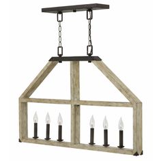 a wooden light fixture with four candles hanging from it's center beam and an iron chain