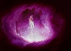 an image of a woman standing in the center of a purple space filled with stars