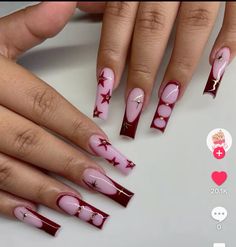 Long Red Square Nails, Red And Pink Acrylic Nails, Long Square Nails Ideas, Long Square Nails Designs, Square Press On Nails, Coffin Press On Nails, Nail Art Hacks