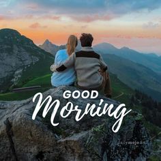 two people sitting on top of a rock with the words good morning in front of them