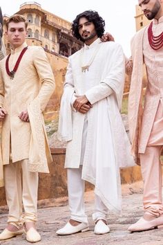 Ivory full sleeves sherwani with all over Bahar embroidery. Paired with a solid kurta, pyjama and a border embroidered stole. - Aza Fashions White Dabka Sherwani Traditional Fit, White Traditional Sherwani, White Transitional Sherwani With Traditional Fit, Transitional White Sherwani With Traditional Fit, Traditional Fit White Sherwani With Long Sleeves, White Long Sleeve Sherwani In Traditional Fit, White Traditional Fit Long Sleeve Sherwani, Traditional Fit Long Sleeve Sherwani For Wedding, Traditional Fit Long Sleeve Wedding Sherwani