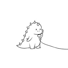 a black and white drawing of a small dinosaur with a long tail on a string