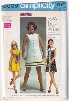 Vintage 1969 Simplicity 8609 UNCUT Sewing Pattern Teens' Dress. The sleeveless dress has back zipper and high round neckline. V. 1 with pleated or gathered trim has contrasting collar trimmed with lace edging. V. I and 2 are regular length. Button trimmed V. 2 features rick-rack and embroidered braid or ribbon trim. V. 2 and 3 are collarless. Mini-length V. 3 has purchased sash or belt slipped thru button trimmed self fabric belt carriers.  Sweet style! Size: 13/14 Bust: 33-1/2 ins Waist: 26 ins Hip: 36-1/2 ins Pattern and instructions are complete; pieces are uncut and in factory folded. Simplicity Patterns Dresses, Girl Dress Pattern, Teen Girl Dresses, Miss Dress, Rick Rack, Simplicity Sewing, Simplicity Sewing Patterns, Simplicity Patterns, Fabric Belt