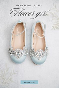 a pair of blue shoes with the words, something blue shoes for flower girl