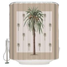 a shower curtain with a palm tree on it