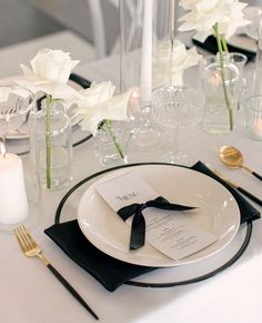 We couldn’t be more obsessed with this black & white chic styled shoot! The bow details throughout really pulled it all together & @mollymurphyphotography captured every detail to perfection. Swipe through to see all the details🖤⁠ •⁠ •⁠ Wed Society | North Texas Featured Vendors:⁠ Hair & Makeup: @grandslamglam⁠ Photo Booth Guestbook & Balloons: @theoccasionsociety⁠ Photography: @mollymurphyphotography⁠ Venue: @davisandgreyfarms⁠ •⁠ •⁠ // Photo:⁠ @mollymurphyphotography⁠ •⁠ •⁠ Other Vendors:⁠ ... Wedding Details Black And White, Black And White Bow Party, Wedding Menu Black And White, Black Bow Wedding, Black And White Tablescapes, Black And White Wedding Decorations, Black And White Party Aesthetic, Wedding Dinner Table Setting, 40th Birthday Themes