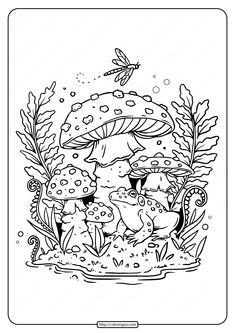 a black and white drawing of mushrooms in the forest with butterflies flying over them, surrounded by plants