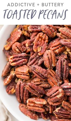 pecans in a white bowl with text overlay