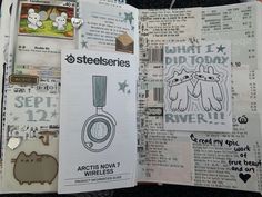 an open book with stickers on it and some other things in the pages next to it