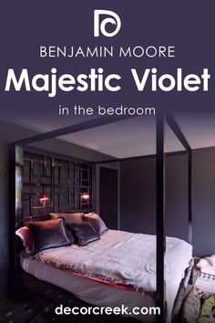 a bedroom with black walls and white bedding is featured in an ad for the magazine