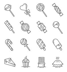 the line icons for food and drinks are shown in this set, including lollipops