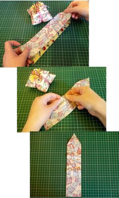 three images show how to fold an origami tie