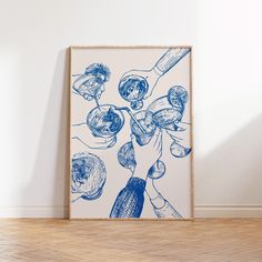 a blue and white drawing on a wall next to a wooden floor with a chair