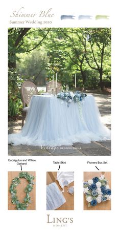 the wedding table is set up with blue flowers and greenery on it, along with other details