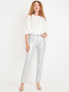 High-Waisted Silver Shine Vintage Slim Jeans | Old Navy Silver Pants Outfit, Sparkle Jeans, Silver Pants, Basic Essentials, Charm City, Pajamas Gift, Family Maternity, Perfect Jeans, Silver Jeans