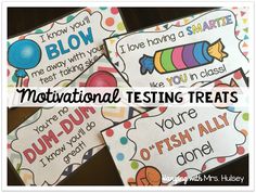 three posters with the words motivation testing treats on them